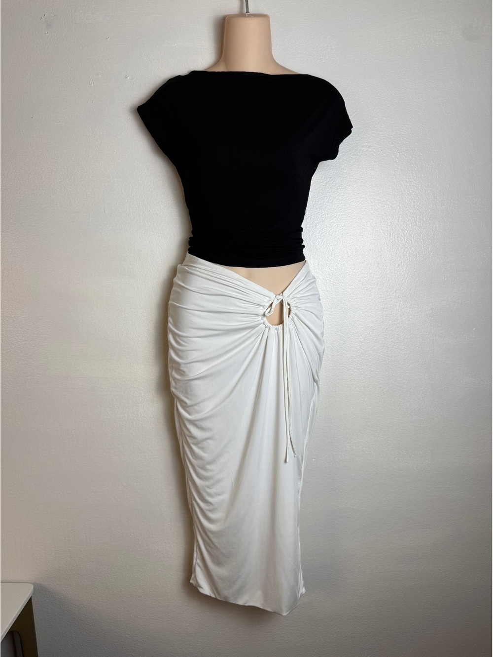 Mistress Rocks Small White Ruched Cutout Tie Front Midi Skirt